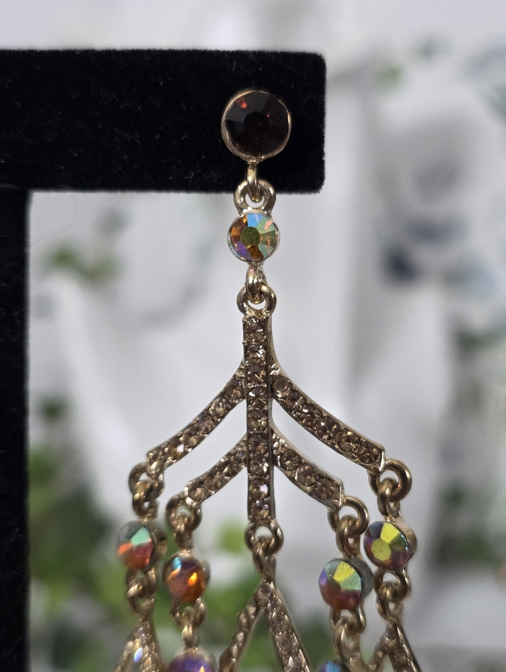 Gold AB Crystal Black Stone Chandelier Statement Earrings - Picture 4 of 9